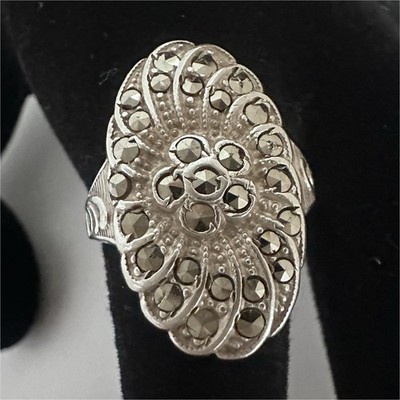 Vintage Art Deco Marcasite Sterling silver shield ring 