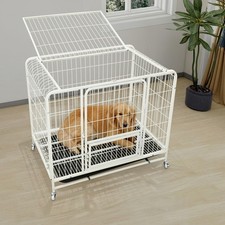 White Dog Crate w/Tray, Dog Crate w/4 Wheels,Metal Dog Cage for Within 30kg dogs