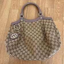 GUCCI GG Hand Bag Canvas Leather Beige Brown Purple Gold Hardware