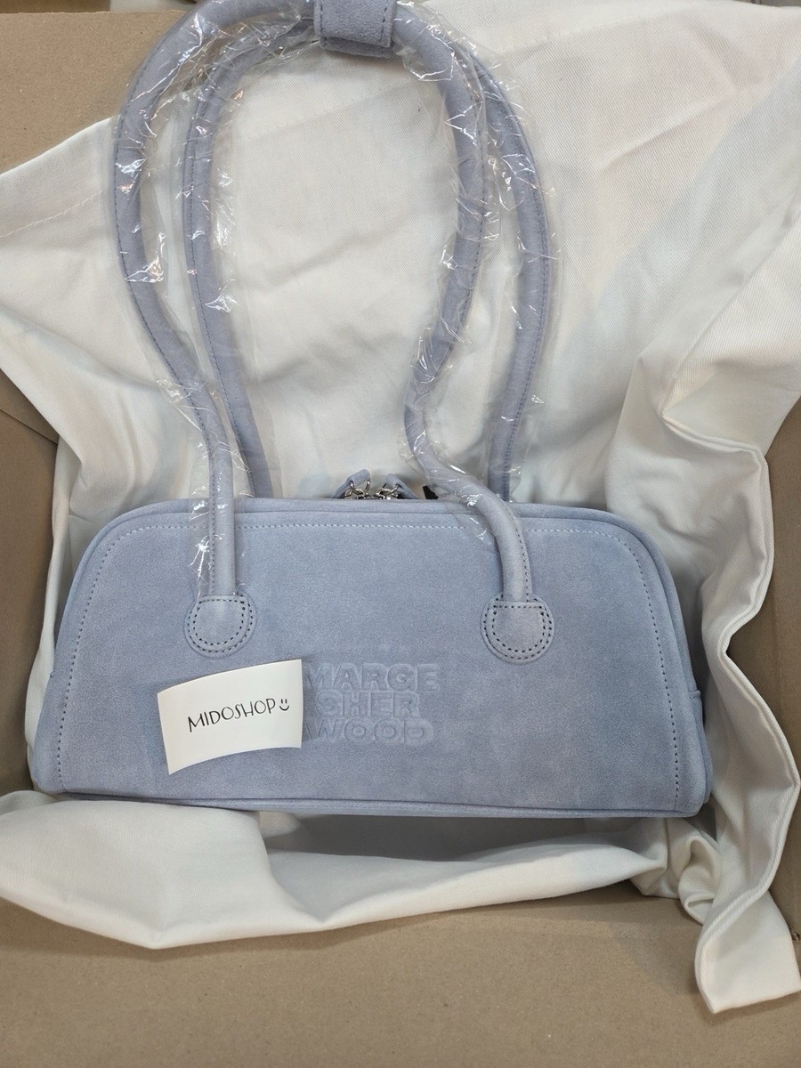 MARGE SHERWOOD Soft Baguette Shoulder Bag Blue Suede Embossed Logo