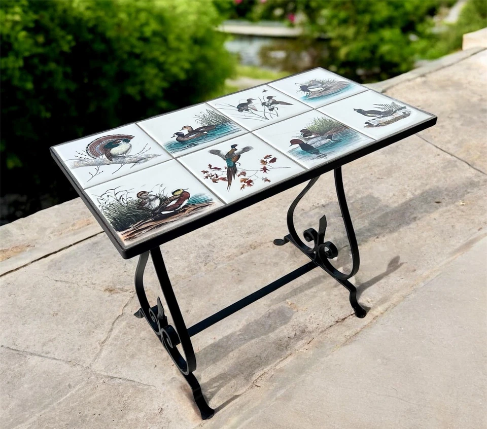 Antique Wrought Iron Small Side Table w/ Birds Ducks Geese Ceramic Tile Top - Image 2 of 4