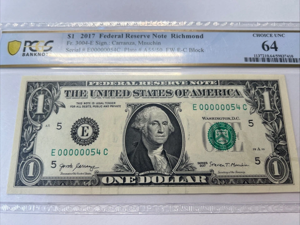 2017 年 1 美元联邦储备钞票 RICHMOND 低系列 00000054 PCGS E-C BLOCK Lucky Bill — 第 3/4 张图片