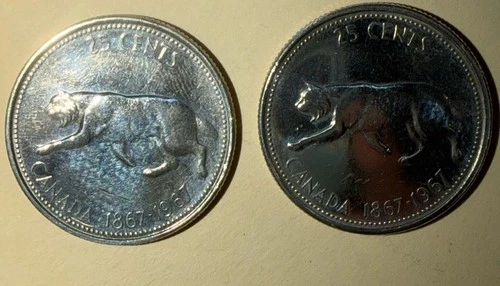 TWO 1867- 1967 PROOF  Canadian Centennial Quarter Bobcat  World Coins