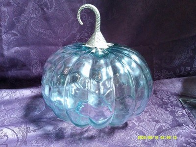 Large teal blown glass pumpkin, 28'' around, metal stem, open bottom