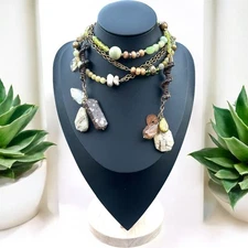 Boho Green Gemstone & Glass Lariat Necklace Layered Earthy Style Fairycore 54”