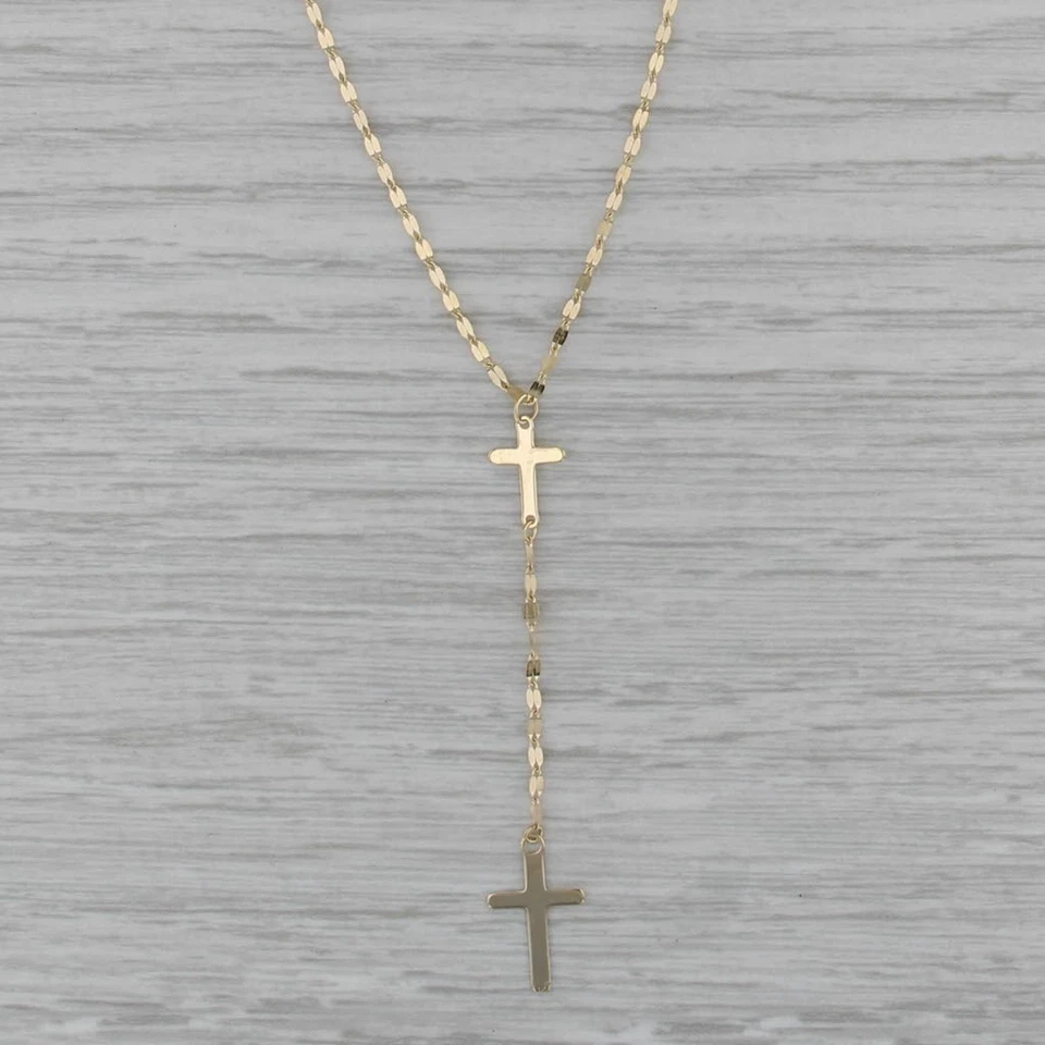 Cross Lariat Necklace 14k Yellow Gold 16" 18" Mirror Chain - Image 2 of 4