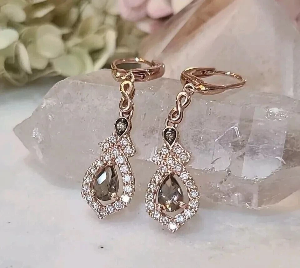 3Ct Pear Cut Created Chocolate Diamond Dangle Drop Earring 14K Rose Gold Plated - Image 3 of 4