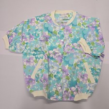 Cissy Vintage Floral Bomber Jacket Short Sleeve Snap Front Pastel Blue Purple