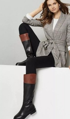 Antonio Melani real Genuine Leather Riding Boots 9 M Black and Tan Brown Knee 