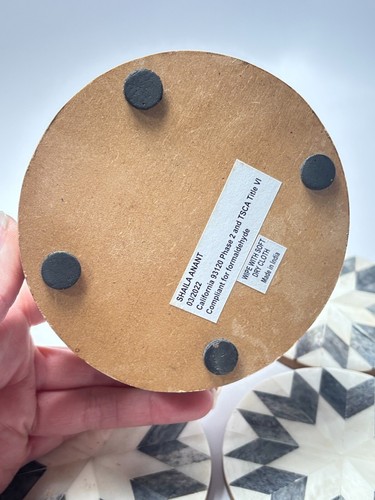 Decorative Geometric Inlaid Stone Coaster Set Of 4 India 4" Grey White Wood Nice - Picture 6 of 8