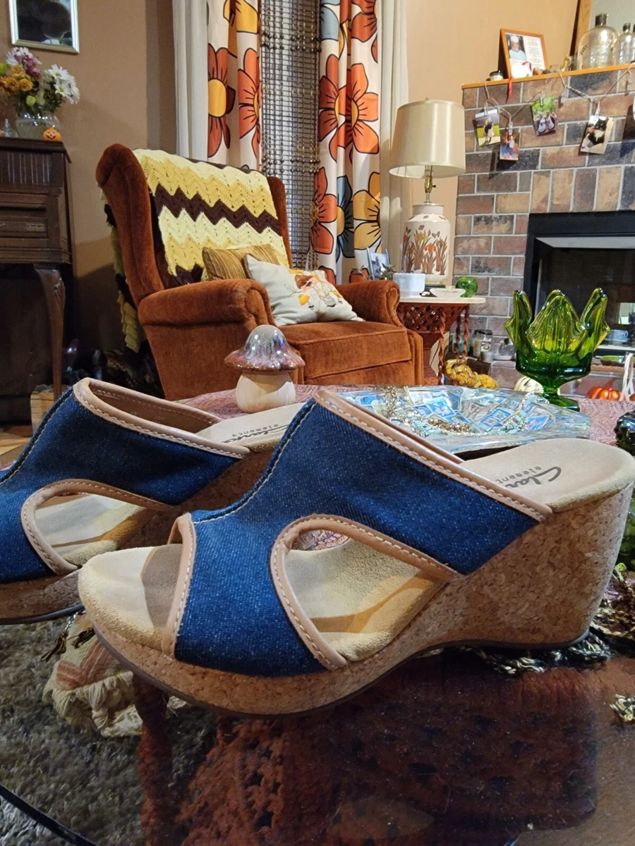 Clarks Wedge Sandals Denim Cork Soft Cushion size 6 Clark s