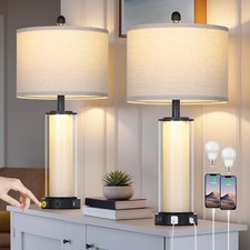 Black Glass Table Lamps Set of 2, 26" Living Room Lamp with Built-in Frosted ...