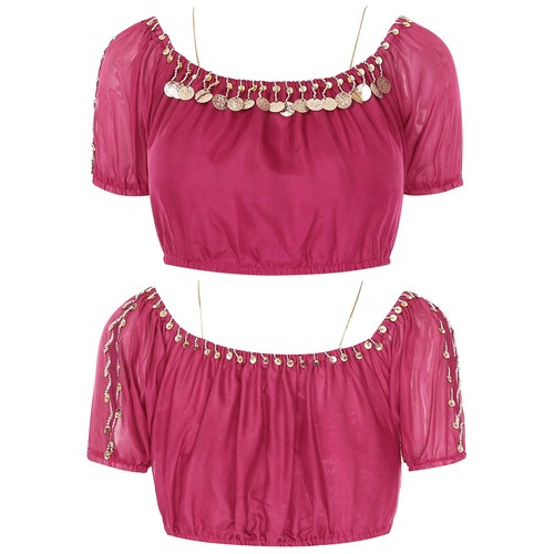 Mujeres Danza del Vientre Mangas Abullonadas Prendas para el torso Dobladillo Elástico Top Corto Baile Blusa Camisa - Imagen 78 de 108
