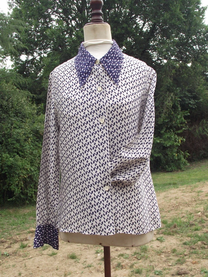 Chemisier vintage(60/70) bleu et blanc"Nina Ricci" T.(42/44) - Photo 1/4