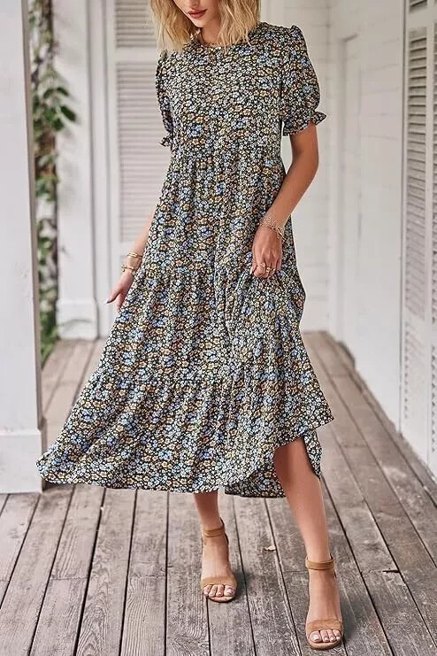 Women's Casual Boho Dress Floral Print Ruffle Puff Short Sleeve Flowy Mid Dress