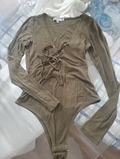 Iris Olive Green Lace-up Plunging Long Sleeve Bodysuit Med Nwt