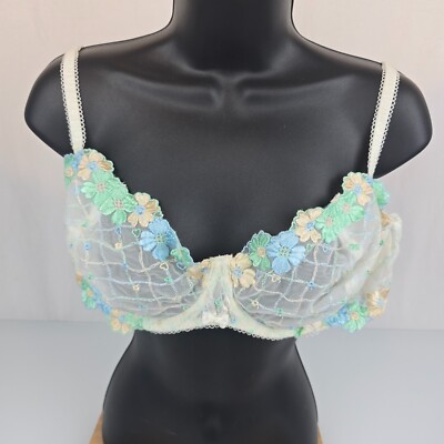 Amelia's Womens Cream Sheer Mesh Underwire Embroidered Flower Lace Bra 44C NEW