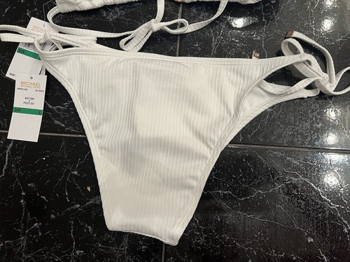 MICHAEL KORSL White Triangle Top Tie Side Ribbed Bikini Swimsuit - Picture 8 of 15