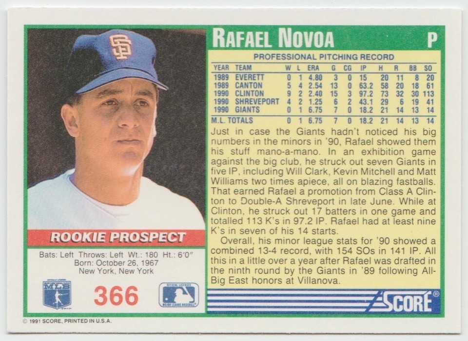 1991 Score Baseball 366 Rafael Novoa RC San Francisco Giants eBay