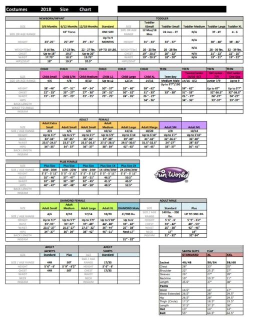 Fun World Costumes Size Chart