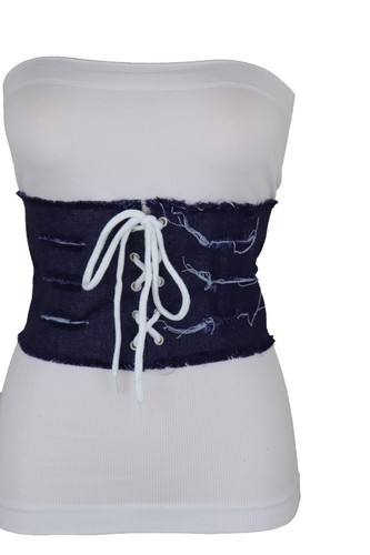 Women Wide Tie Corset Dark Light Blue Color Denim Jeans Fabric Fashion Belt S M - Picture 40 of 58