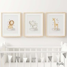 Girl Boy Nursery Bedroom Wall Art Jungle Safari Animals, Lion, Giraffe, Elephant