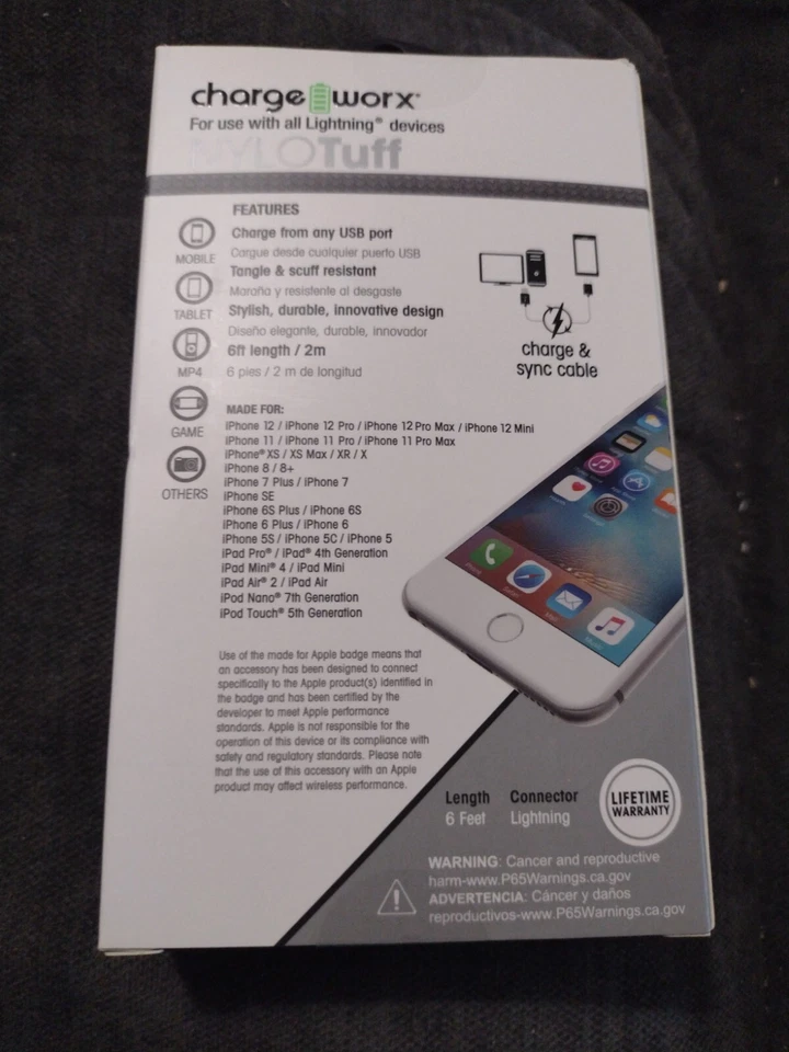 ChargeWorx nylotuff lightning connector for iphone ipad ipod 6' cord charge sync - Image 2 of 4