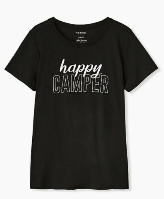 NWT Torrid Plus Size 2 2X 18/20 HAPPY CAMPER BLACK SLIM FIT CREW TEE 