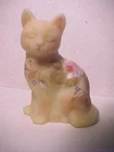 Vintage 3 3/4" Fenton Uranium Glow Burmese Art Glass HP Florals Kitty Cat Figure