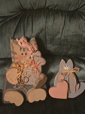 Vintage Set Of 2 Wooden Painted Cats 