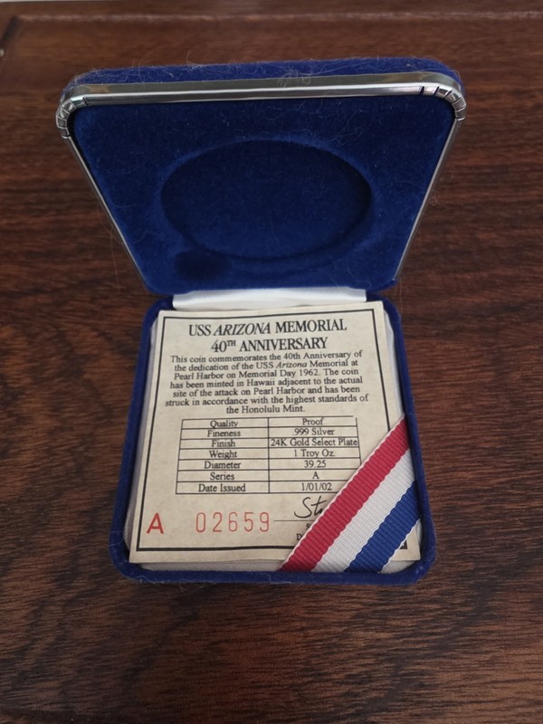 RARE USS ARIZONA MEMORIAL OFFICIAL 40th ANNIVERSARY 1 TROY OUNCE SILVER COIN