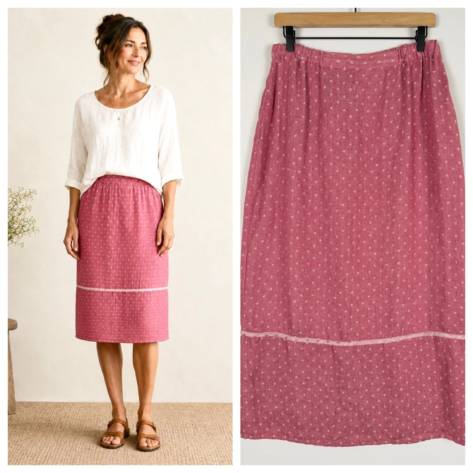 Flax Linen Pink Polkadot Midi Skirt Medium Lagenlook Boho Vacation Casual Chic