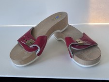 Original Dr. Scholl's Vintage Wooden Leather Slide Sandals Sz 9 RED EUC