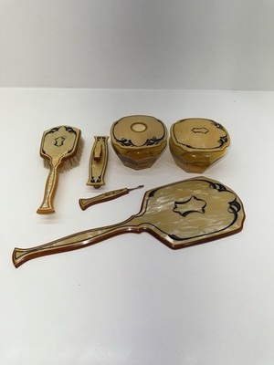 6 Pc Art Deco Aristo Celluloid Dresser Vanity Set Brush Comb Box Hair Vintage