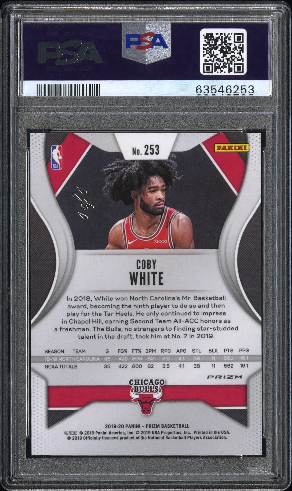 Coby White 2019 Prizm BLACK 1/1 PSA 8 NM-MT Rookie RC #253 His Best Card 1 OF 1 view 2