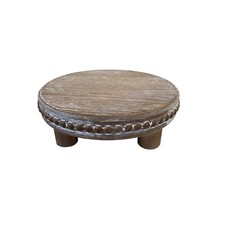 Farmhouse Beaded Wood Pedestal Tray Decor, 7.6  Round Vintage Display Stand, ...