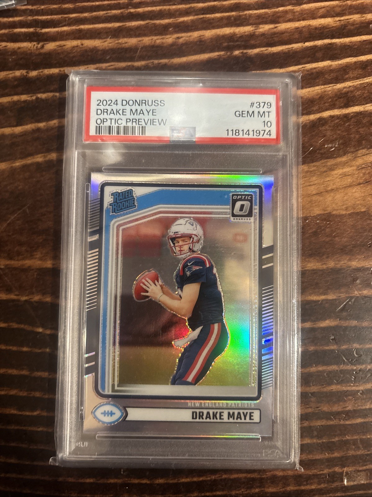 2024 Donruss Rated Rookie Drake Maye #379 Optic Preview Holo Prizm PSA 10 Gem