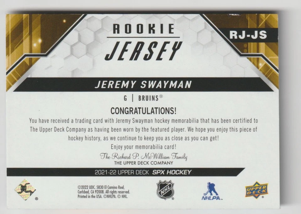 2021-22 SPX ROOKIE JERSEY JEREMY SWAYMAN BOSTON BRUINS #RJ-JS - Image 2 of 2