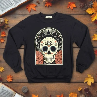 Sugar Skull Pullover Sweatshirt WOMEN'S XXS (00) Day of the Dead Halloween Black - Image 1 of 4