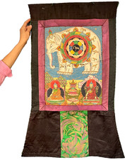 ANTIQUE TIBETAN BUDDHIST THANGKA WHITE ELEPHANT MANDALA DHARMA WHEEL