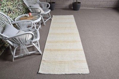 Turkish Vintage Kilim Runner Rug 2,8x9,1 ft, White Solid Rug Wool