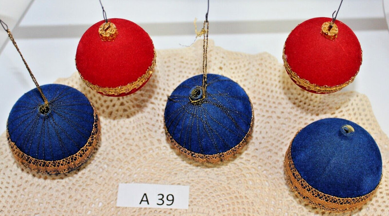 Lot 5 Vintage West Germany Flocked Felt Christmas Ornament Red Blue Shatterproof