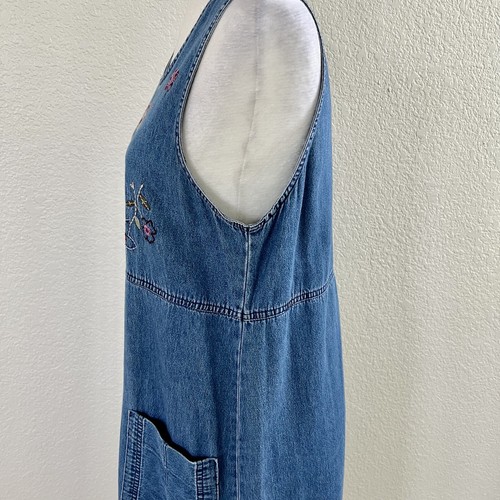 Erika Small Denim Long Midi Dress Modest Sleeveless Floral Embroidery Cotton Vtg - Picture 10 of 13