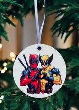 Deadpool And Wolverine Heart Hand Sign Besties Superhero Xmas Circle Ornament