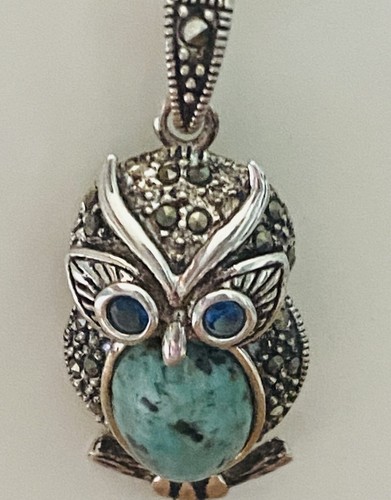 Owl Pendant with Marcasite Turquoise Owl Pendant Signed .925 - Picture 8 of 8