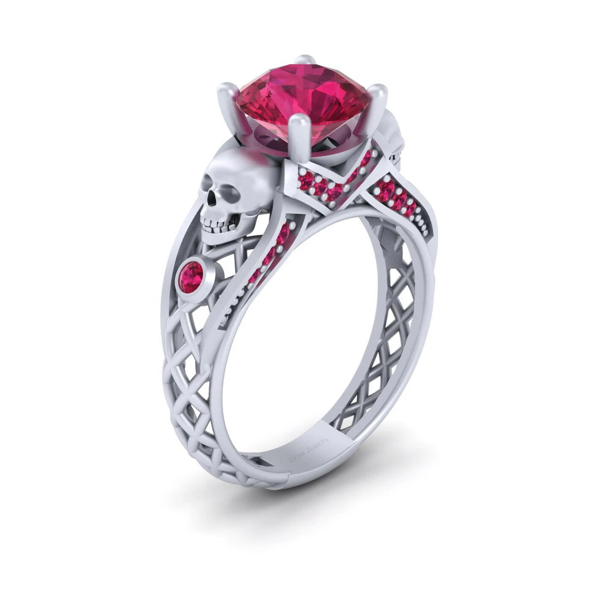 Solid 14k White Gold Skull Engagement Ring Created Pink Ruby Gothic Skull Ring