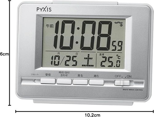 Seiko Alarm Clock with Thermometer, Calendar PYXIS Silver Metalic NR535W JAPAN - Picture 2 of 4