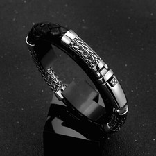 Men's Quality 21cm Black Braided Leather 8mm Viking Stainless Steel Bracelet