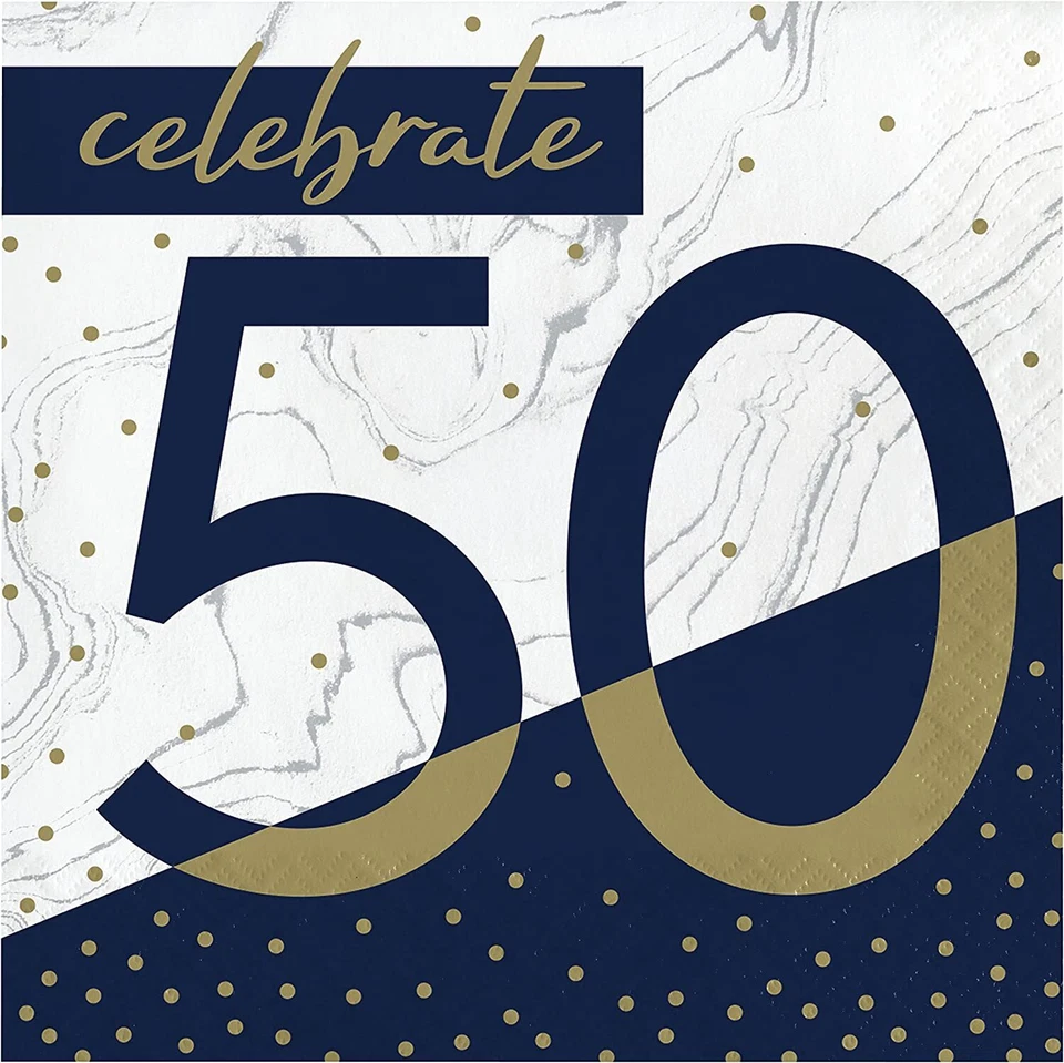 CREATIVE 50th Birthday Party Napkins Blue Gold Age 50 Navy Paper Napkins Serviettes x 16