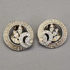 Vintage Kramer Earrings Rhinestones Silver Tone Washed Round 1" 